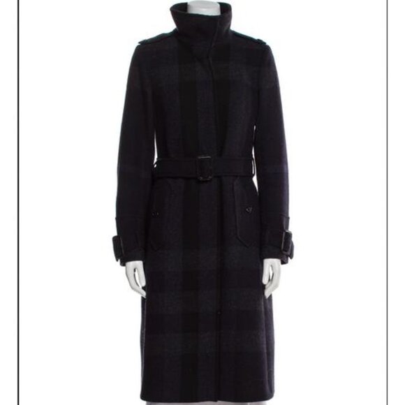 Burberry Wool Coat Long Black Navy Belt Stand Collar Buttons Grey Size 4 - Picture 1 of 8
